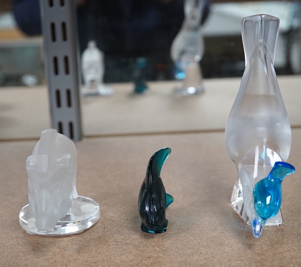 Three pieces of modern Lalique glass in the form of animals, each signed, one with box, 12cm high. Condition - good